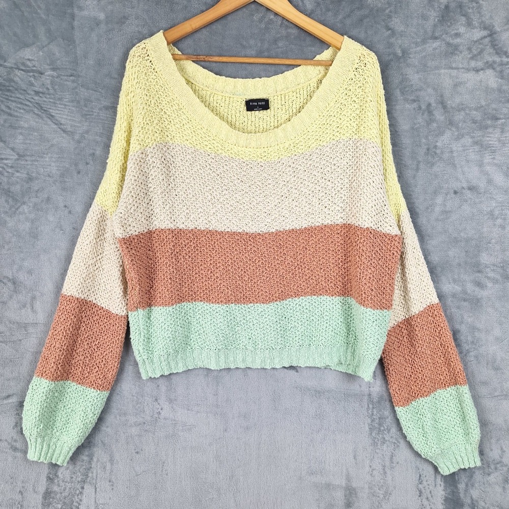 Womens Sweater Small Crochet Knit Oversized Boho Colorblock Striped Pullover